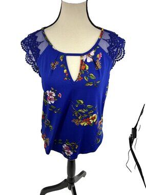 Moa Moa Womens Blouse Top Floral Lace Sleeve Keyhole Casual Blue Size S